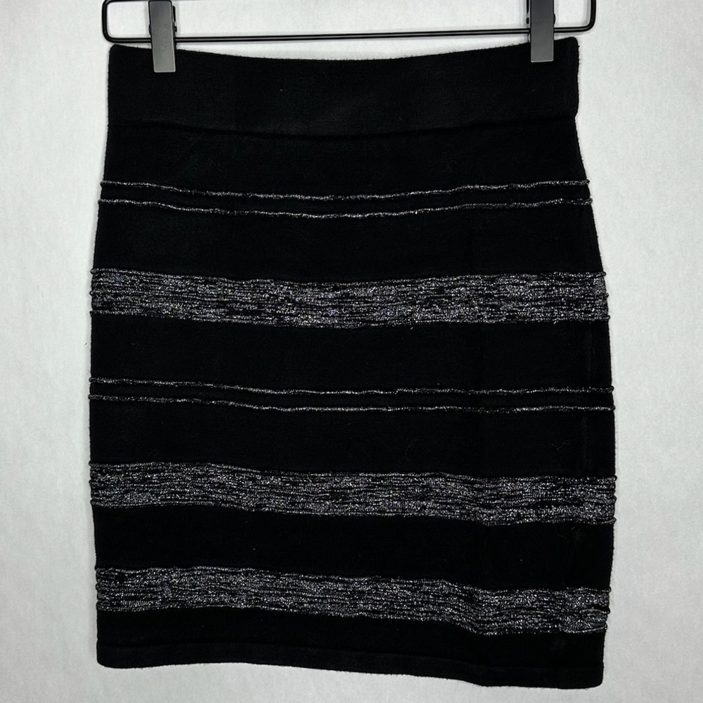 Rock & Republic Black Silver Metallic Stripe Bodycon Skirt Y2K Size Small Glam - Picture 7 of 10